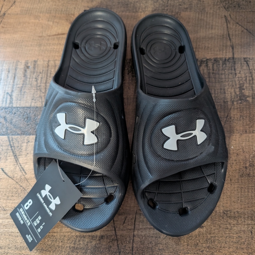 NWT Under Armour Men's Black and Gray Slide Sandals Size 8